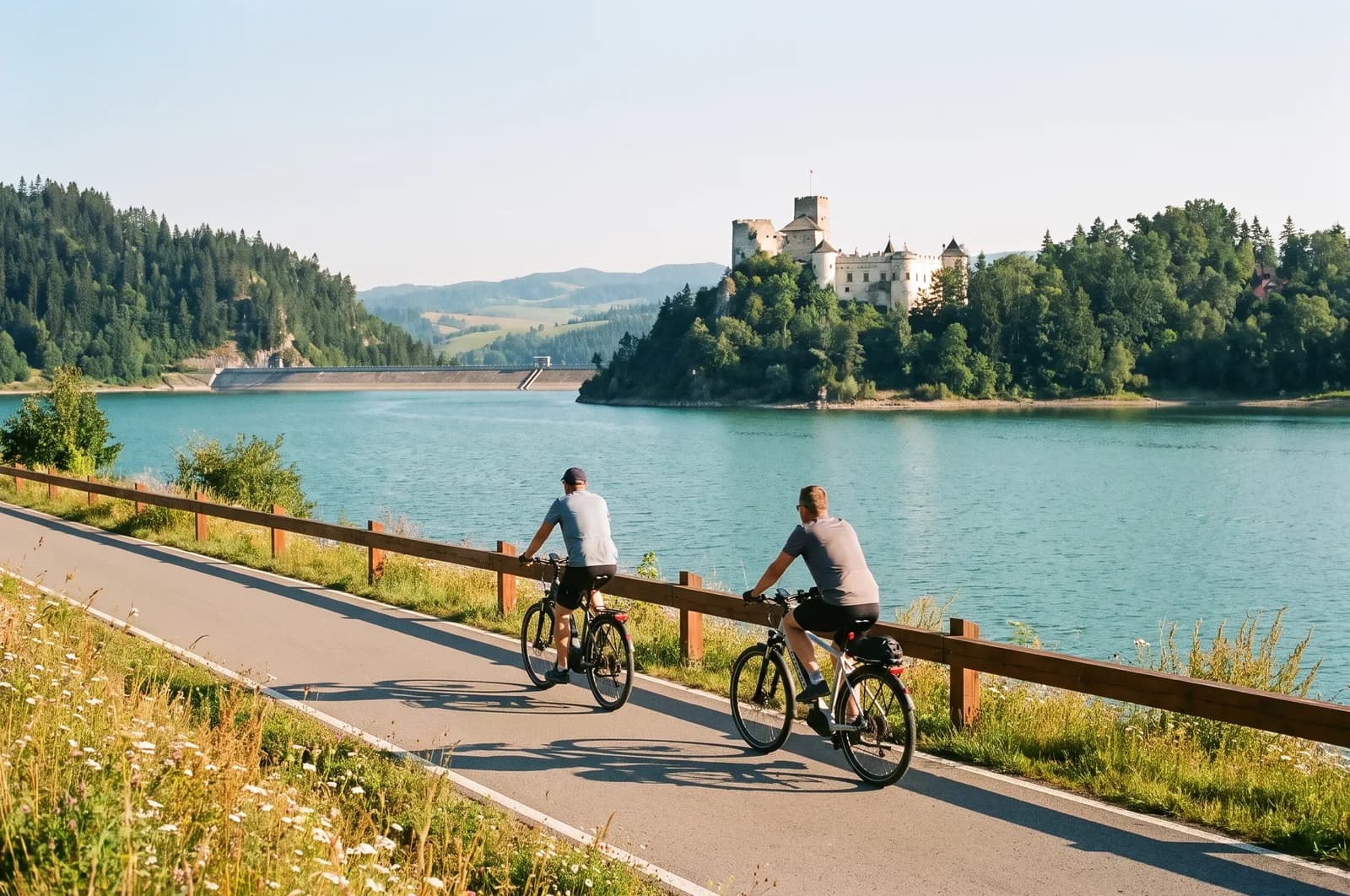 Asfaltowa ścieżka rowerowa Velo Czorsztyn wzdłuż zielonej tafli Jeziora Czorsztyńskiego z ruinami zamku i panoramą Tatr w tle