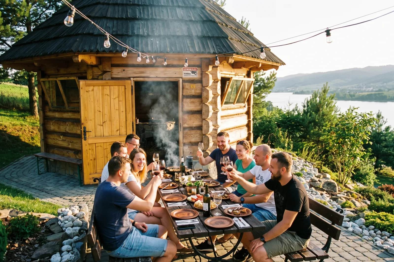 Wieczorna integracja firmowa w altanie grillowej Mergen Resort z widokiem na Jezioro Czorsztyńskie
